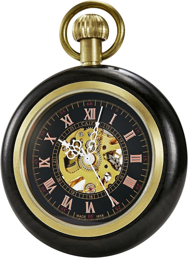 TREEWETO Unisex Holz Taschenuhr mit Kette Analog Handaufzug Skelett Römische Ziffern Schwarz