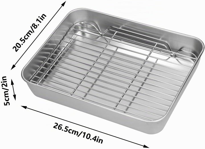 Bräter mit Rost aus Edelstahl, Rechteckige Ofenform mit Einsatzrost (26,5 x 20,5 cm), für Ofen, Gril