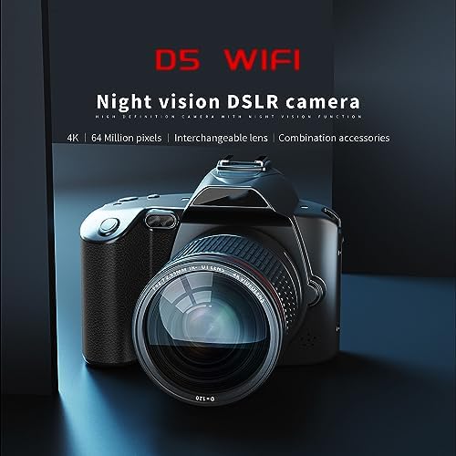 DSLR-Kamera, D5 F=2,7, 2,95 mm, 4K, 64 MP, 16-facher Zoom, Digitalkamera, HD-Nachtsicht, 120° Weitwi