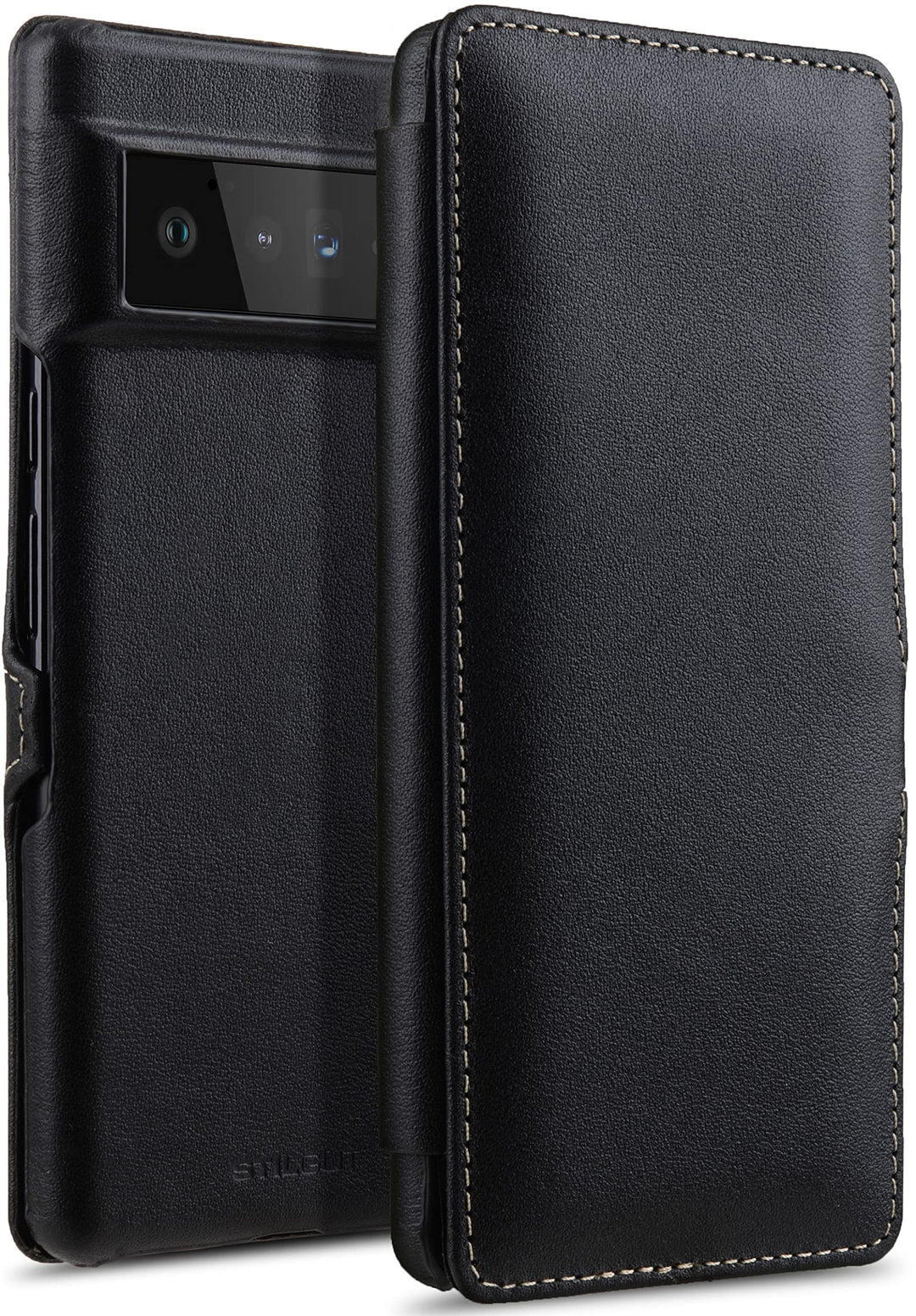 STILGUT Book Case kompatibel mit Google Pixel 6 Pro Hülle aus Leder mit Clip-Verschluss, Lederhülle,