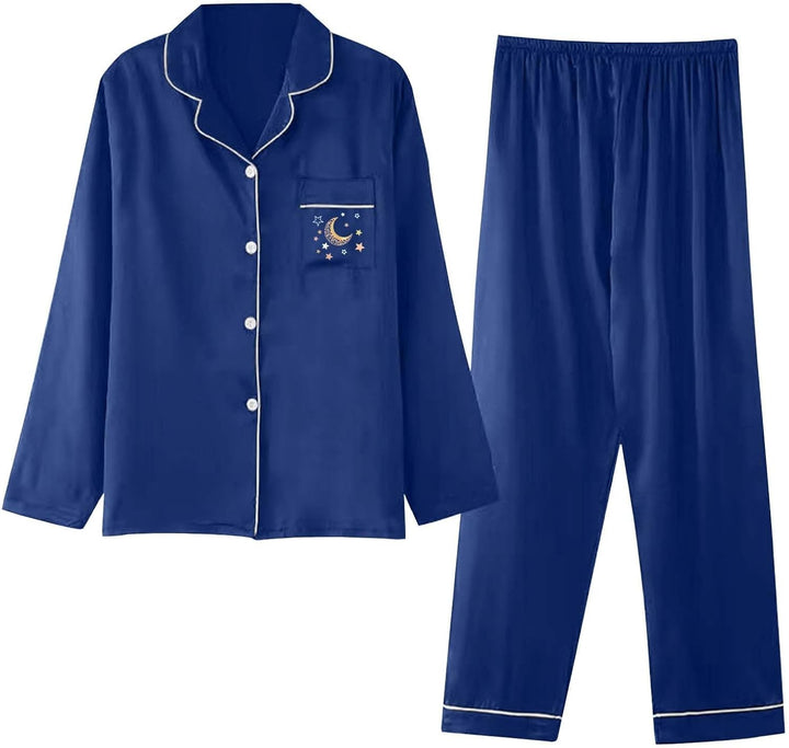 Damen Pyjama Satin Schlafanzug Set,Damen Seidensatin Pyjama Set 2Pcs Langarmhose Chinesischer Stil N