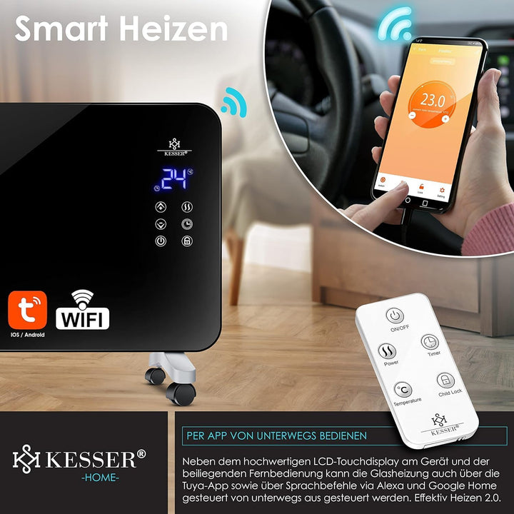 Kesser® Elektro Glasheizung Konvektor Elektroheizung Heizung Heizkörper (Schwarz), Schwarz