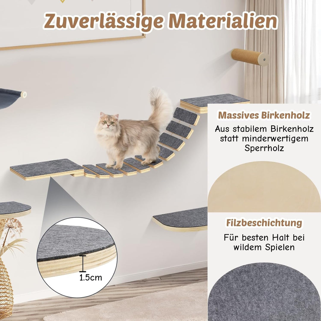 5-in-1 Katzen Kletterwand Set - aus Birkenholz | Katzen Wandelemente mit Katzenbett & Laufsteg | Max