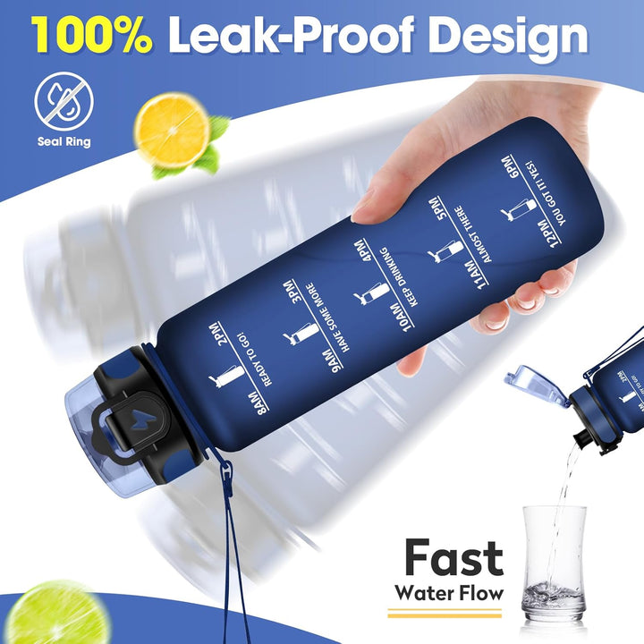 Trinkflasche 500ml/1L, Trinkflasche mit Zeitmarkierung und Filter, Auslaufsicher Wasserflasche Kohle