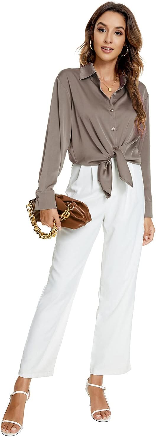 Atnlewhi Damen Bluse Langarm Knöpfen Satin Seide Hemden Basic Kent Kragen Arbeit Büro Formelle Casua