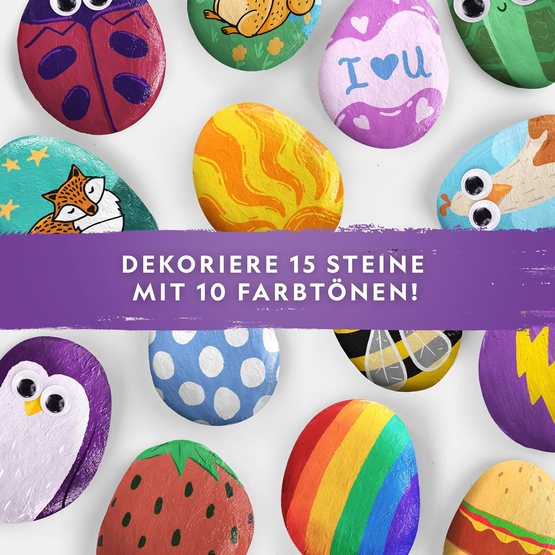 NATIONAL GEOGRAPHIC Steine Bemalen Set – Bastelset für Kinder, 15 Flusssteine mit 10 Farben &amp; Zubehö