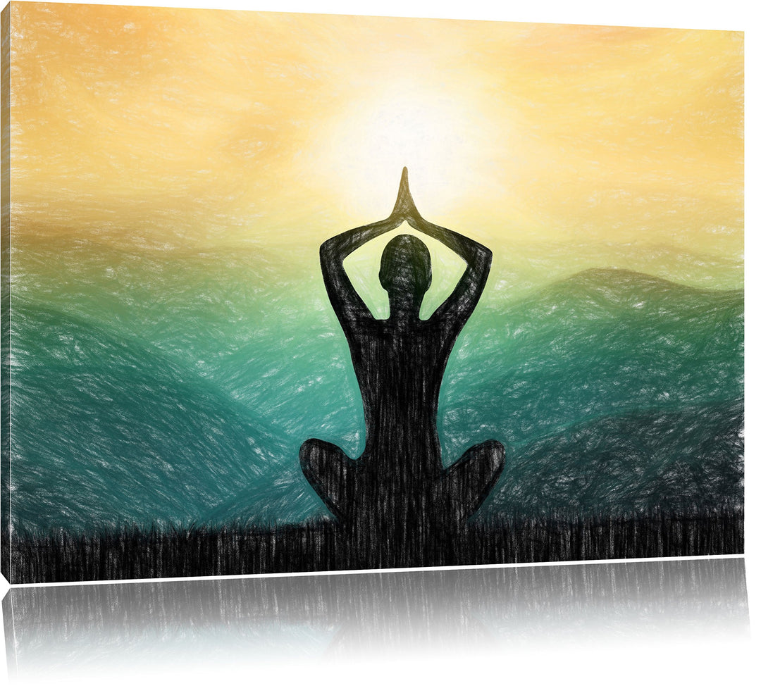 Pixxprint Yoga und Meditation in den Bergen Kunst Buntstift Effekt, Format: 100x70 auf Leinwand, 100