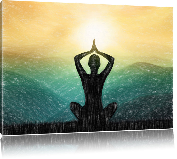 Pixxprint Yoga und Meditation in den Bergen Kunst Buntstift Effekt, Format: 100x70 auf Leinwand, 100