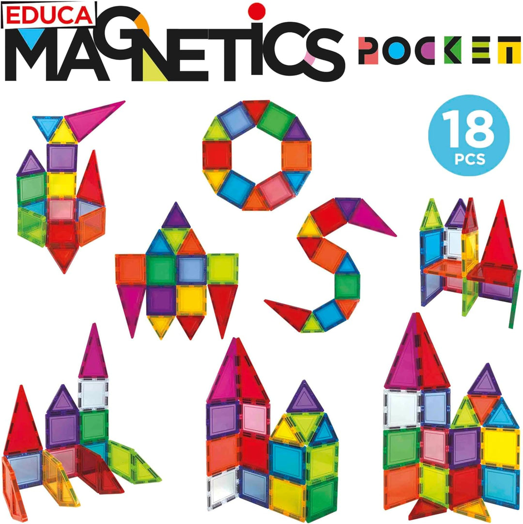 Educa - Magnetics Reisekoffer | Magnetbausteine Kinder 18 Teile im Koffer | Mit 2 Tieren &amp; 8 Karten