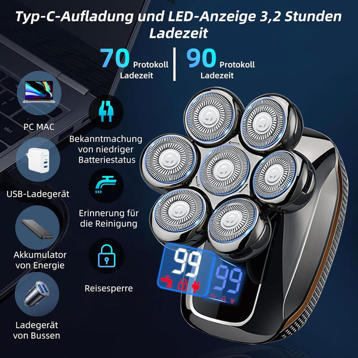Rasierer Herren Elektrisch, 7 in 1 Elektrorasierer Herren mit 7 Rotierende Scherköpfe, IPX7 Wasserdi