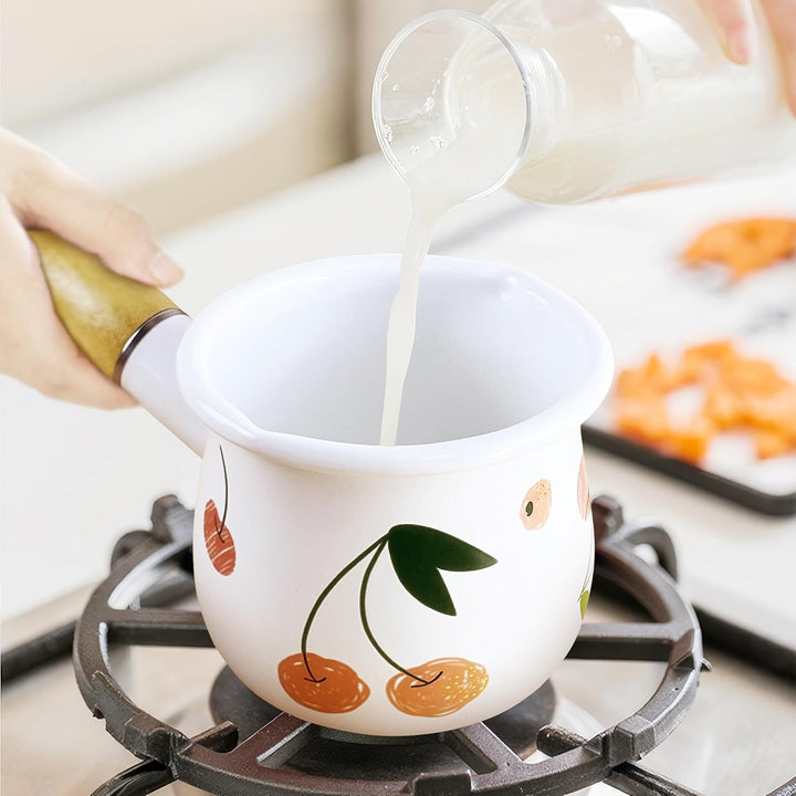 Emaillemilch Pfanne, Mini -Butter -Hitze 4 Zoll 17 Unzen Email Topf kleines Kochgeschirr mit Holzgri