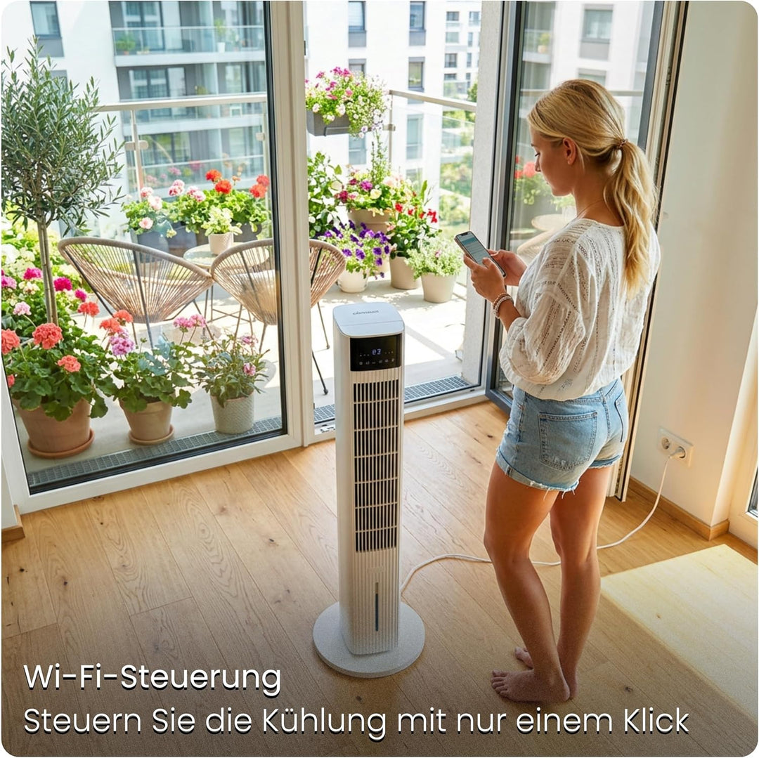 Ventilator mit Wasserkühlung CoolAir, WiFi, 5L, Aromafach, 2x Kühlakkus, 65W, Oszillation, Cooler Fa