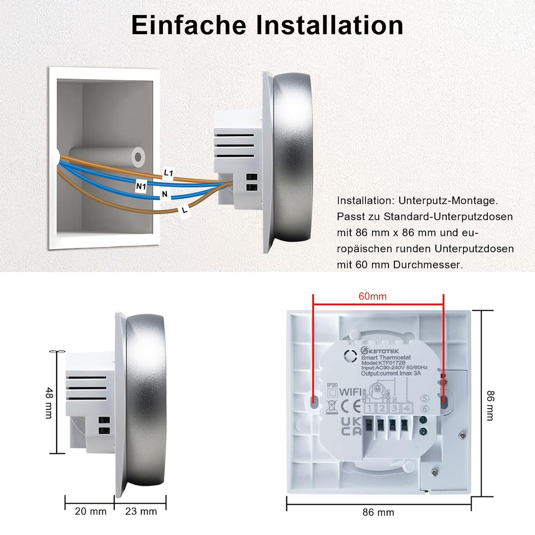 KETOTEK Thermostat Fussbodenheizung Wasser WiFi 3A Unterputz, Programmierbar Raumthermostat Fussbode