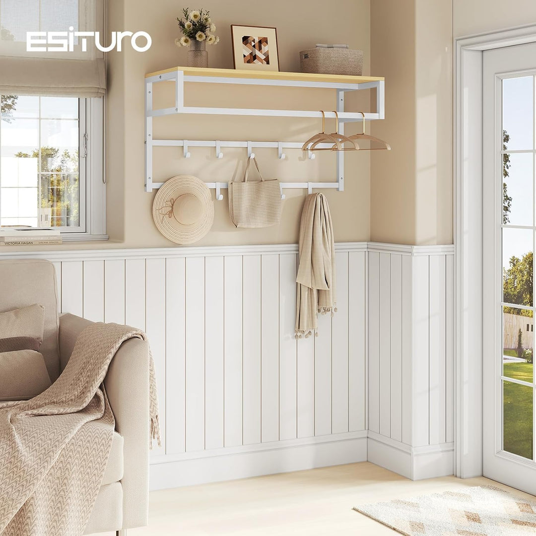eSituro Wandgarderobe mit Ablage, Kleiderständer Wand mit Kleiderstange 10 Haken, Garderobe Wandmont