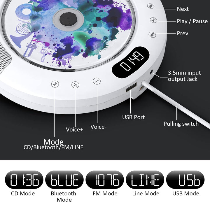 KOVCDVI CD Player Bluetooth mit Touch-Tasten Lautsprecher CD-Player für Wandmontage mit FM-Radio USB
