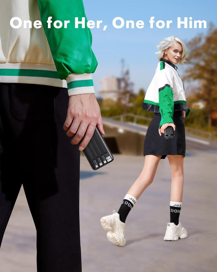 Charmast Externer Akku 10000 mAh mit 4 integrierten Kabeln tragbarer Akku USB C Slim Power Bank mit