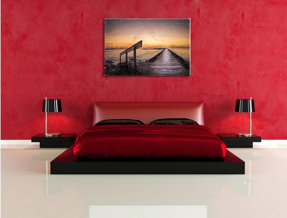Pixxprint Langer Steg an der Nordsee / 100x70cm Leinwandbild bespannt auf Holzrahmen/Wandbild Kunstd
