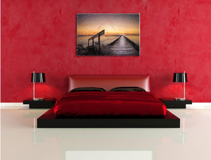 Pixxprint Langer Steg an der Nordsee / 100x70cm Leinwandbild bespannt auf Holzrahmen/Wandbild Kunstd