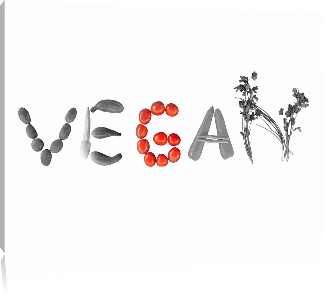 Schriftzug Vegan Gemüse schwarz/weiss Format: 100x70 cm auf Leinwand, XXL riesige Bilder fertig gera