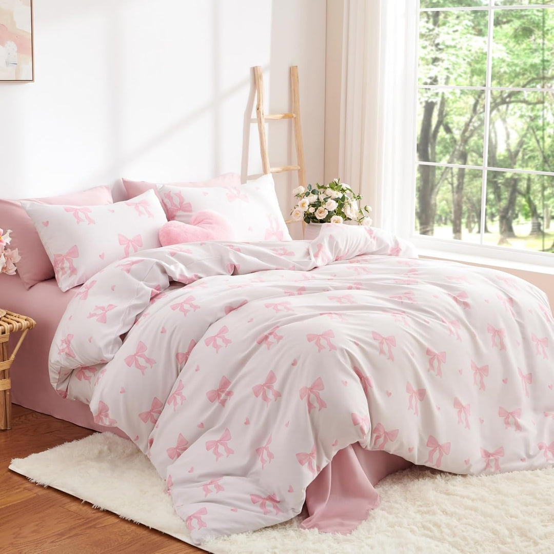 Tospass Schleife Bettwäsche 135x200cm Beige Rosa Schleifen Mädchen Wendebettwäsche-Set Deckenbezug F