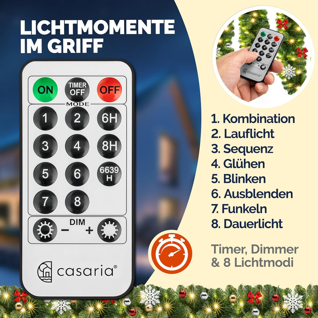 CASARIA® Weihnachtsgirlande Beleuchtet Deko Fernbedienung 5m 80 LED Timer Dimmbar 7 Leuchtmodi Ausse
