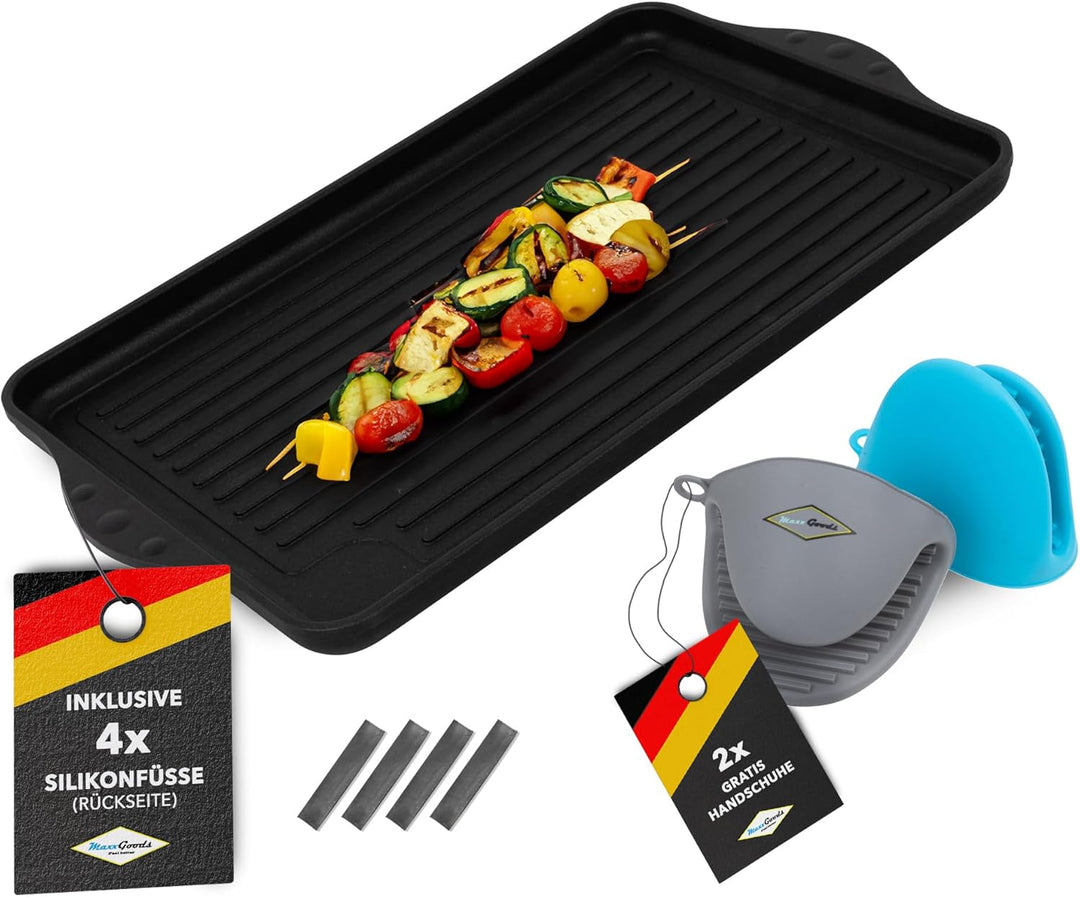 MaxxGoods - Aluminiumguss Grillplatte komplett gerippt - 43x28x2,5cm - für Induktion & alle gängigen