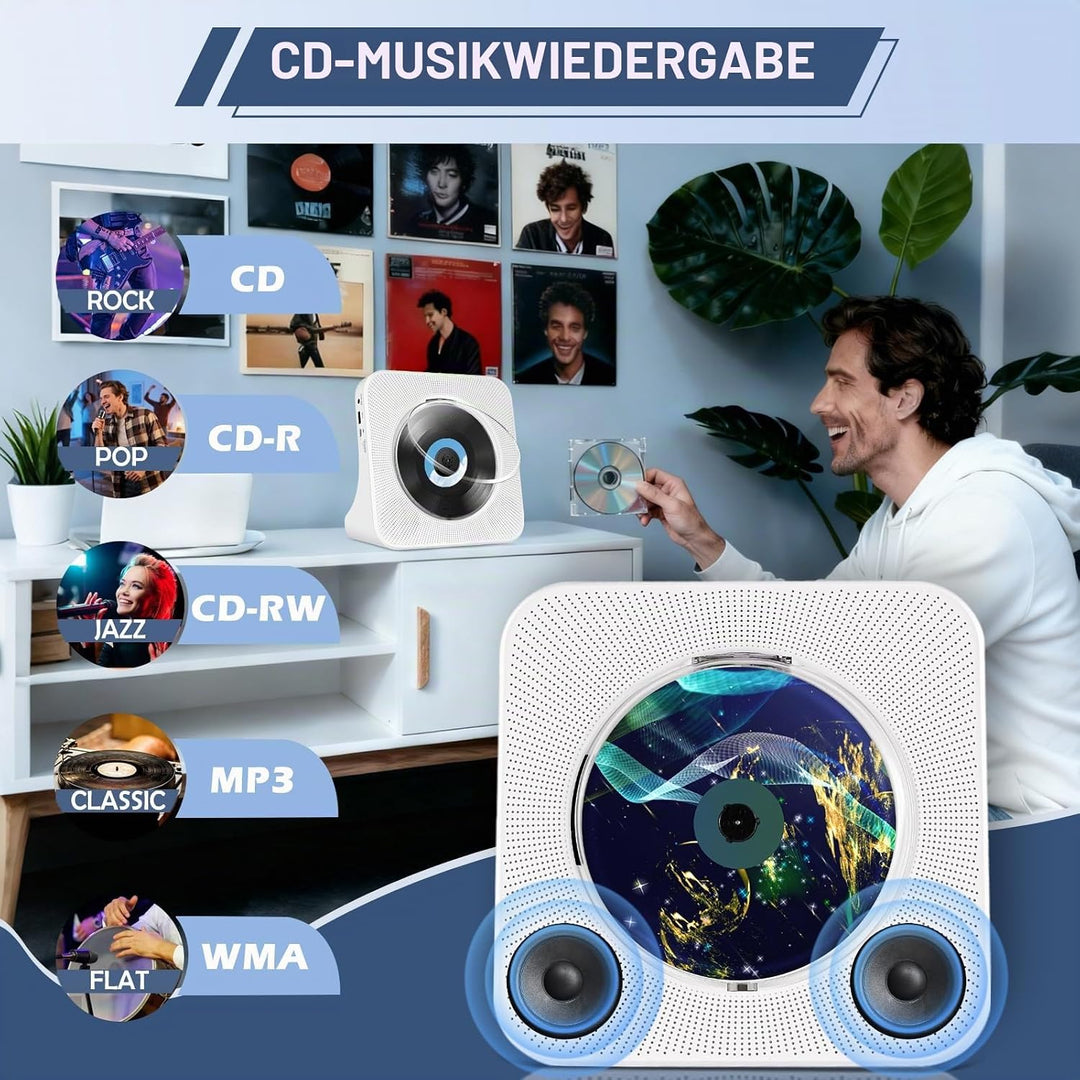 CD Player Tragbar, Bluetooth CD Player Klein Lautsprecher/USB-Lesegerät/FM Radio/Timer, LCD-Display,