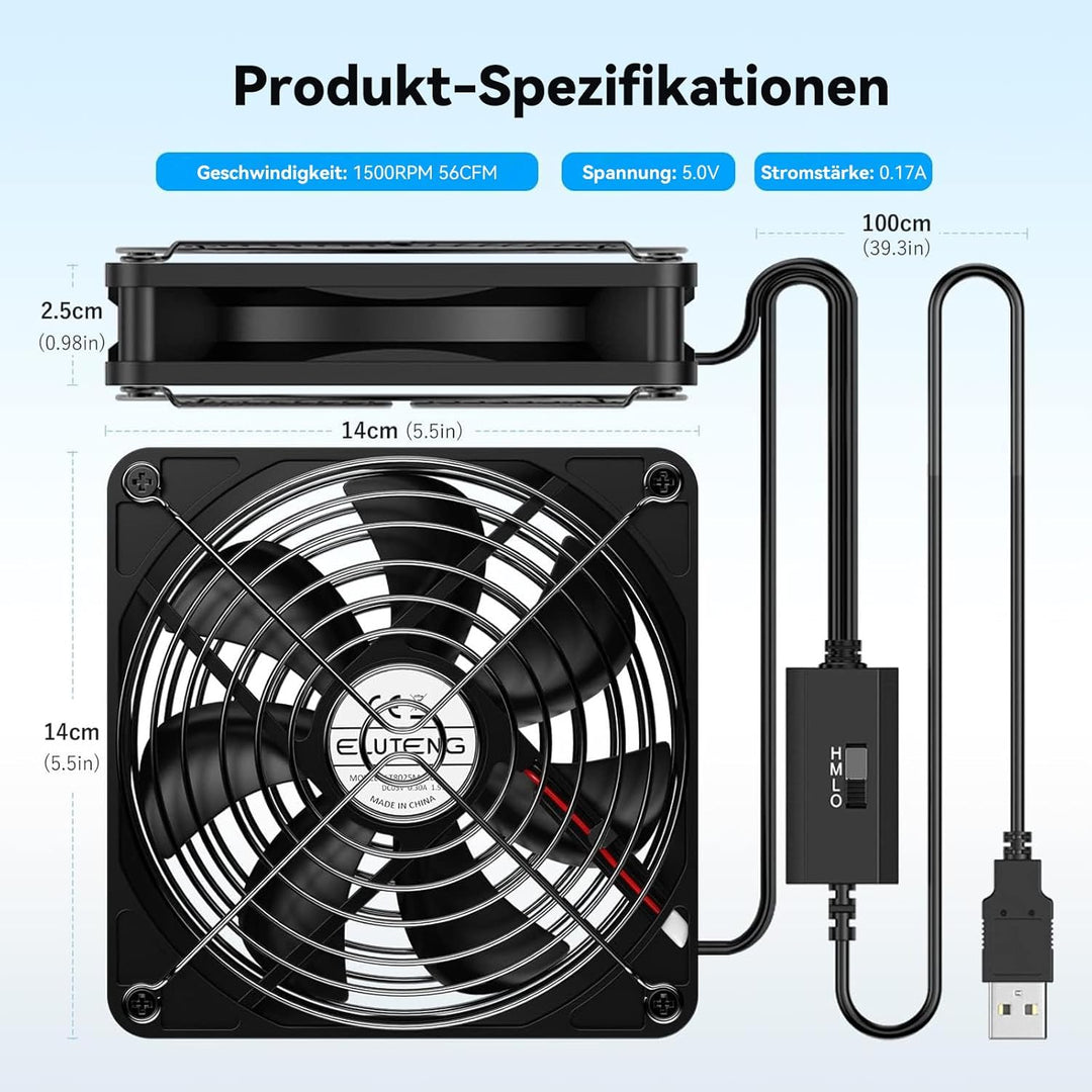 ELUTENG 2 in 1 USB Ventilator 140mm USB Lüfter 5V, Doppel PC Ventilator USB Computer Lüfter 140mm Kl