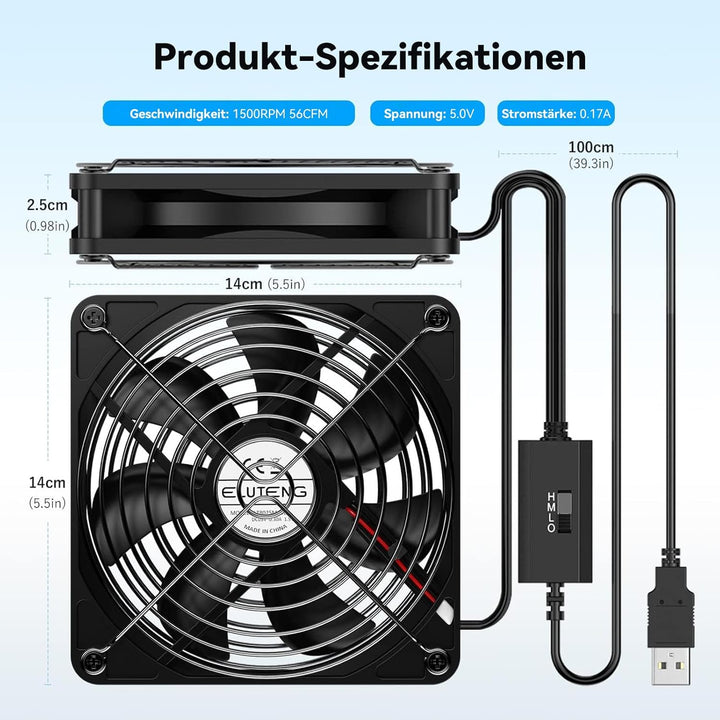 ELUTENG 2 in 1 USB Ventilator 140mm USB Lüfter 5V, Doppel PC Ventilator USB Computer Lüfter 140mm Kl