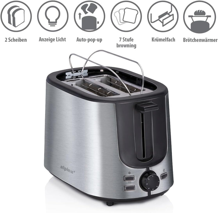 alpina Toaster 2 Scheiben - Toaster mit Brötchenaufsatz - 7 Stufen Küchengeräte - Toaster Sandwichto