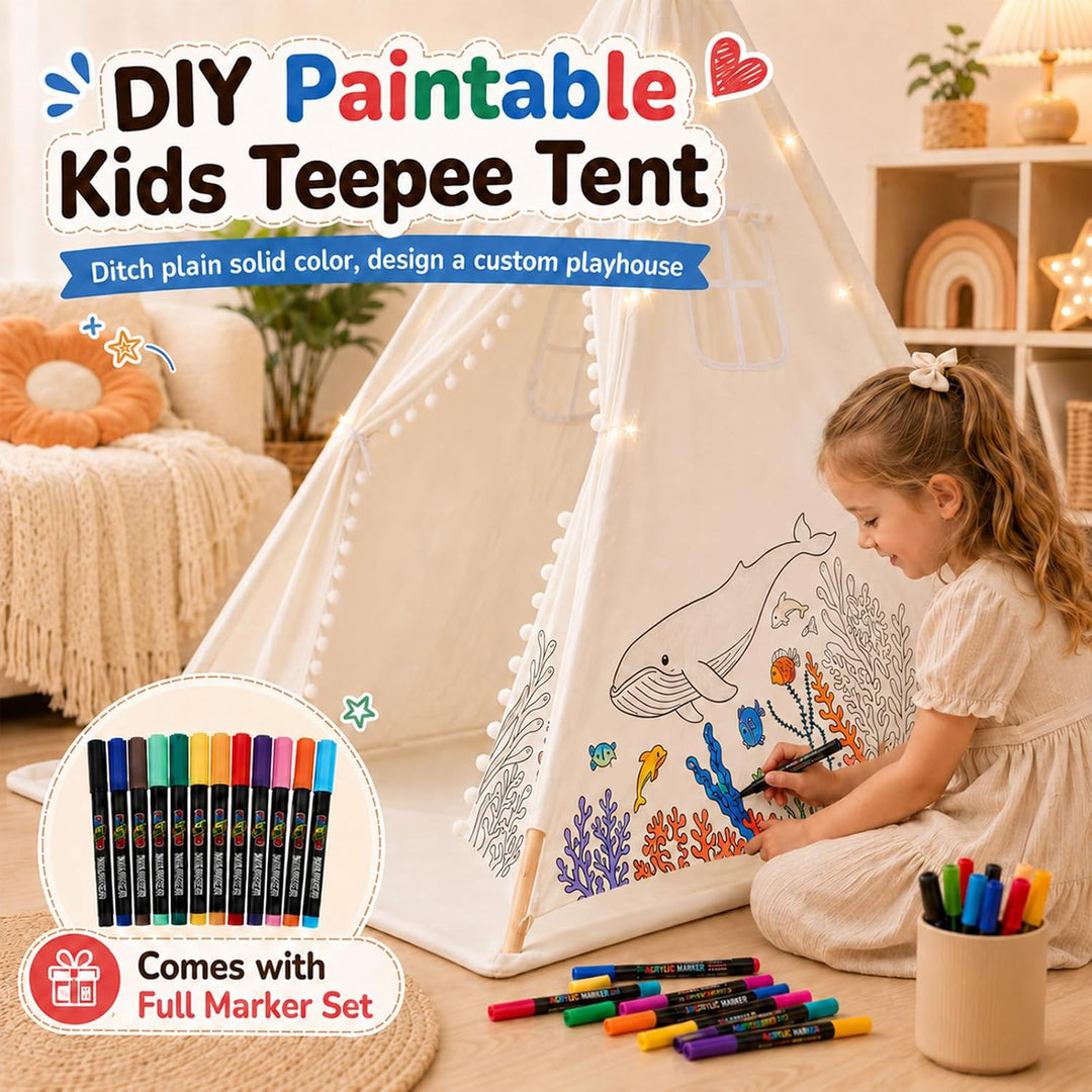 DIY Tipi Zelt für Kinder Indoor mit 12 Pinsel+Lichterkette+Tasche, 120x160cm Waschbar Kinder Zelt Ti