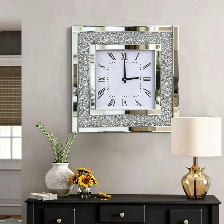 Silberne quadratische Spiegeluhr, Kristall-Glitzer, glitzernd, zerkleinerter Diamant, verspiegelt, g