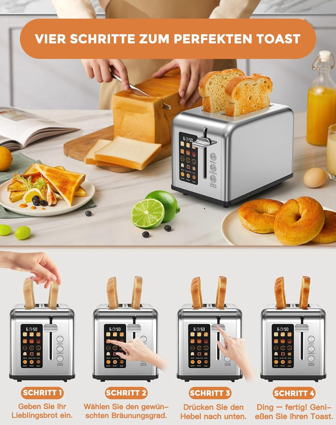 Toaster 2 Scheiben, LED-Touchscreen, Edelstahl Langschlitztoaster, 6 Bräunungsstufen, 6 Brotprogramm
