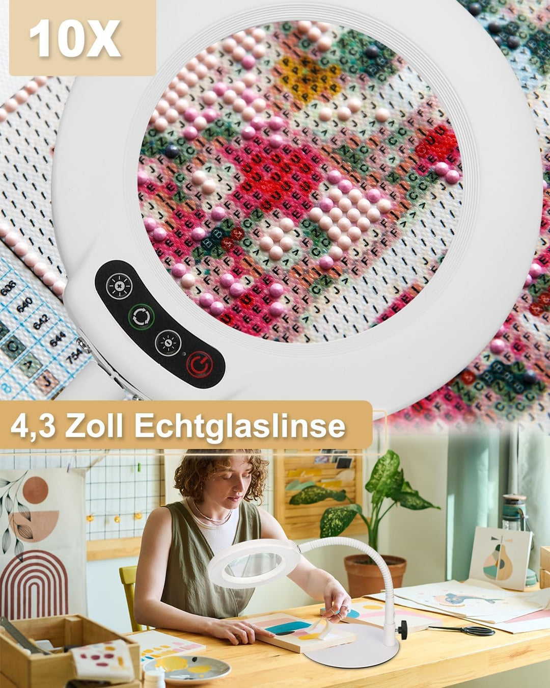 Veemagni 10X Lupe mit Licht und Ständer, 5 Farbmodi stufenlos dimmbare LED beleuchtete Schreibtischl