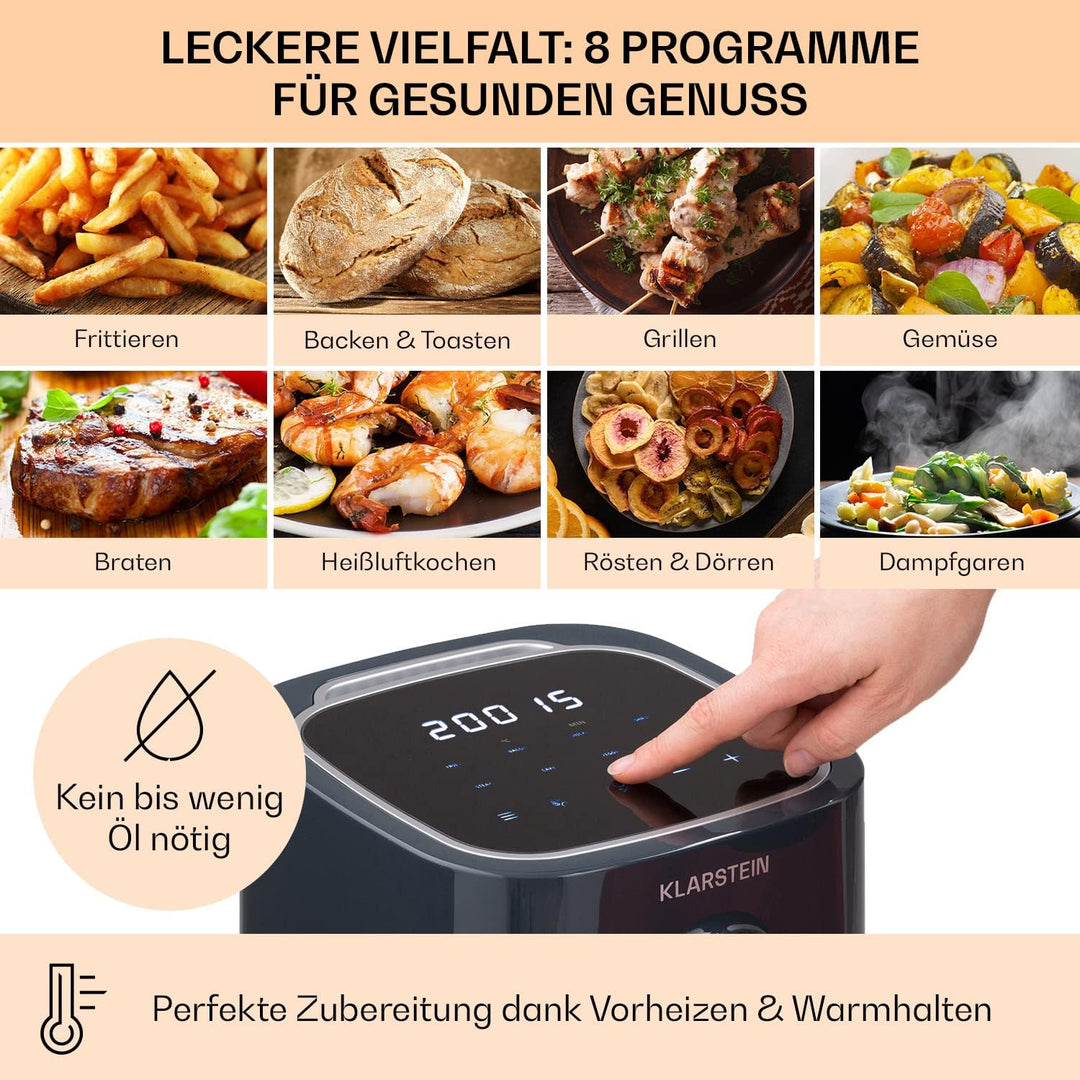 Klarstein Heissluftfriteuse, Air Fryer zum Frittieren, Friteuse mit Touch-Bedienfeld, Timer, Einstel