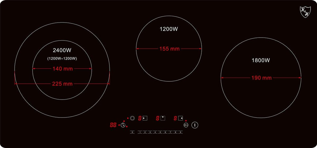 K&H 3 Zonen Glaskeramikkochfeld 75cm Elektro Autark Starkstrom-Kein Stecker Eingebaut NC-5404 Elektr