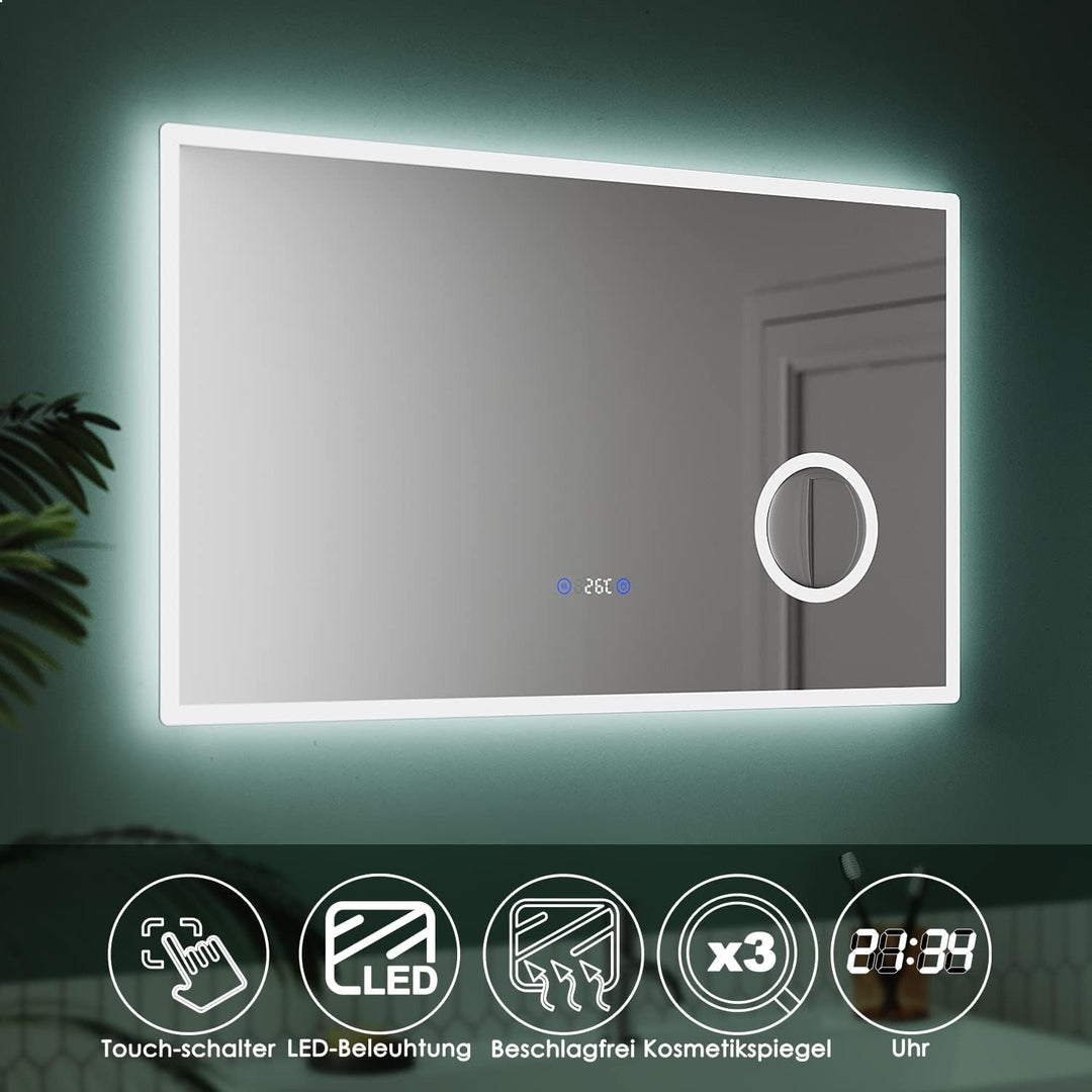 SUNXURY LED Badspiegel mit Uhr 100x60cm 3 Lichtfarbe dimmbar Wandspiegel mit 3X Vergrösserungslupe S