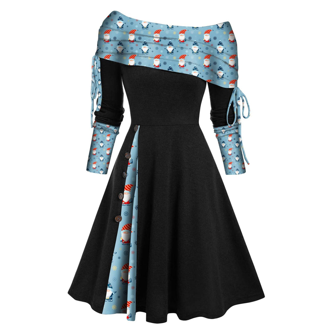 Weihnachten Schulterfrei Kleider für Damen Vintage Druck Patchwork A-Linie Kleid Lässig Locker Flies