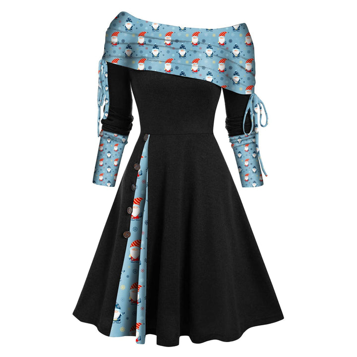Weihnachten Schulterfrei Kleider für Damen Vintage Druck Patchwork A-Linie Kleid Lässig Locker Flies