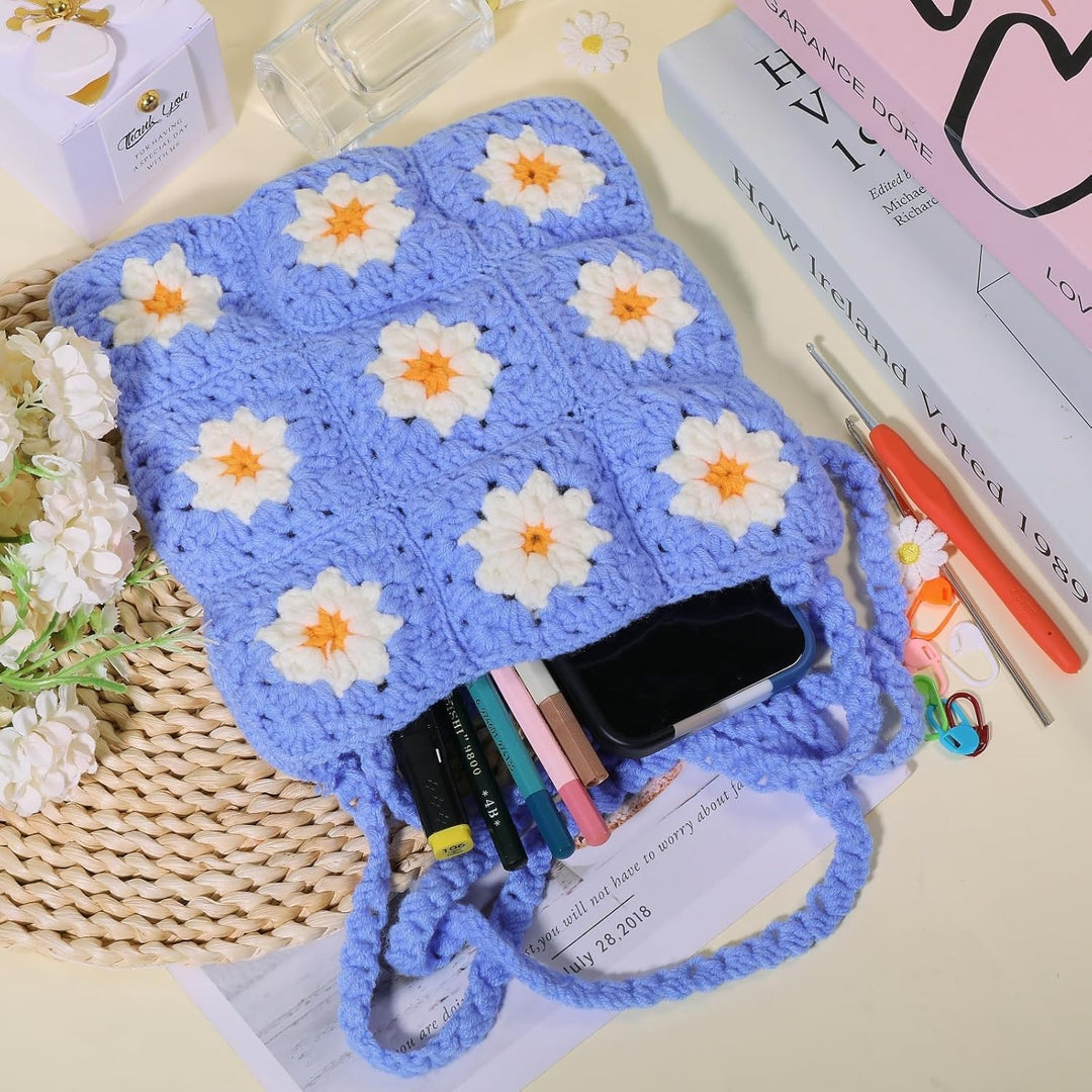 ORIGACH DIY Gänseblümchen-Häkel-Tragetaschen-Set für Anfänger, Floral Crochet Granny Square Handmade