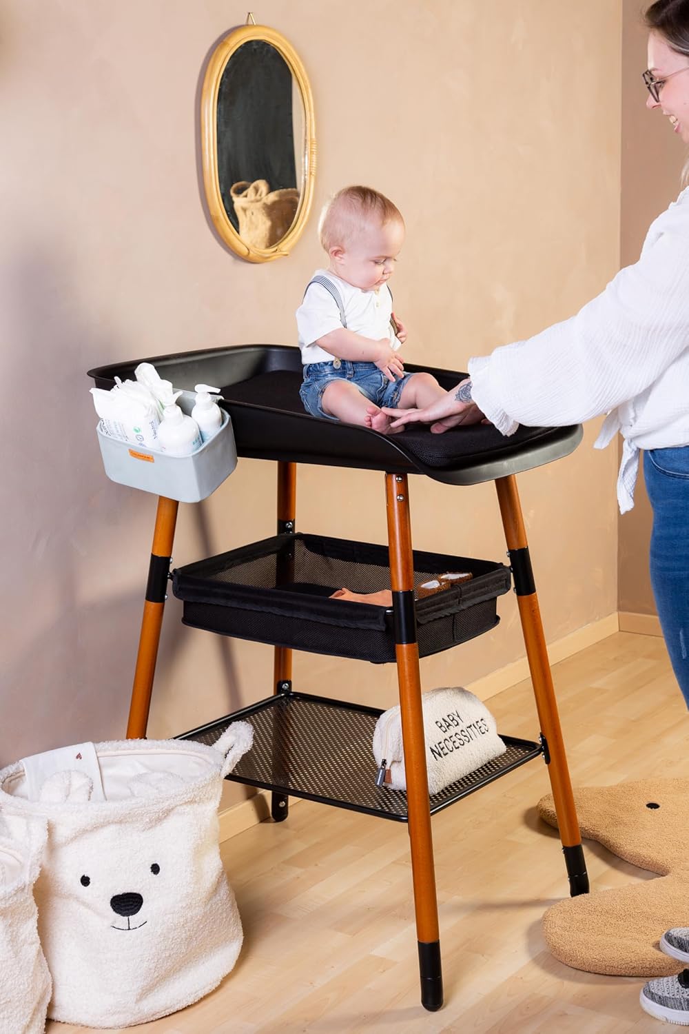 CHILDHOME, Wickeltisch, erweiterbar, 4 Höhen, leicht zu bewegen, Räder, Bremssystem, robust, Aufbewa