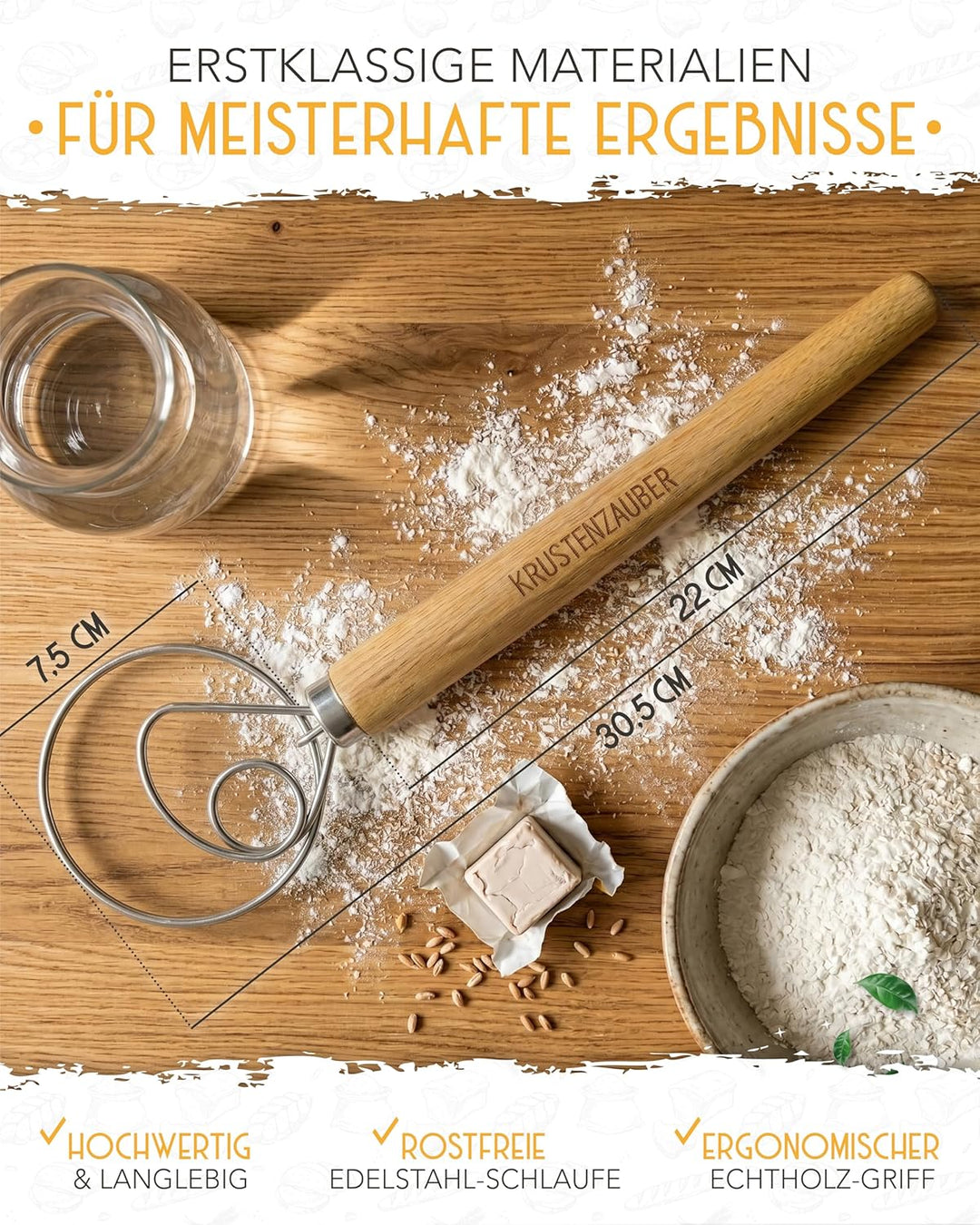 KRUSTENZAUBER Dänischer Schneebesen & Bäckermesser 2er Set [inkl. 20 Rasierklingen] - Teigbesen, Dan