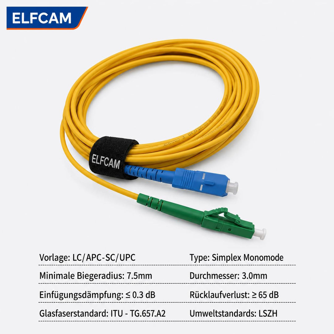 Elfcam® - 40m LWL Glasfaser-Kabel LC/APC auf SC/UPC Stecker, Simplex Singlemode 9/125μm OS2 Patchkab