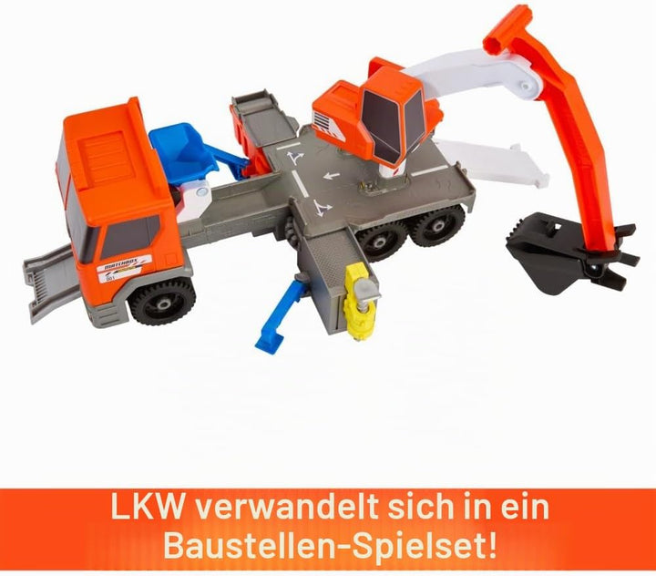 MATCHBOX Action Drivers Transforming Excavator - Spielzeug-Baulastwagen mit Bohrstation, Kran und Fe
