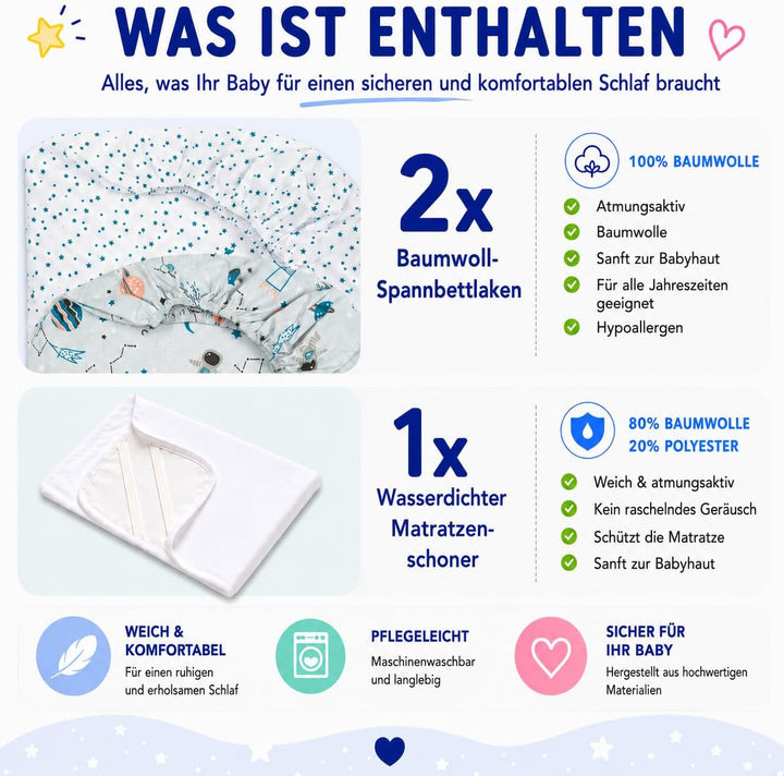 FlyIdeas Spannbettlaken 60x120 cm fur Babybett, 3 STK. - 100% Reine und Sanft Baumwolle - 2 Spannbet