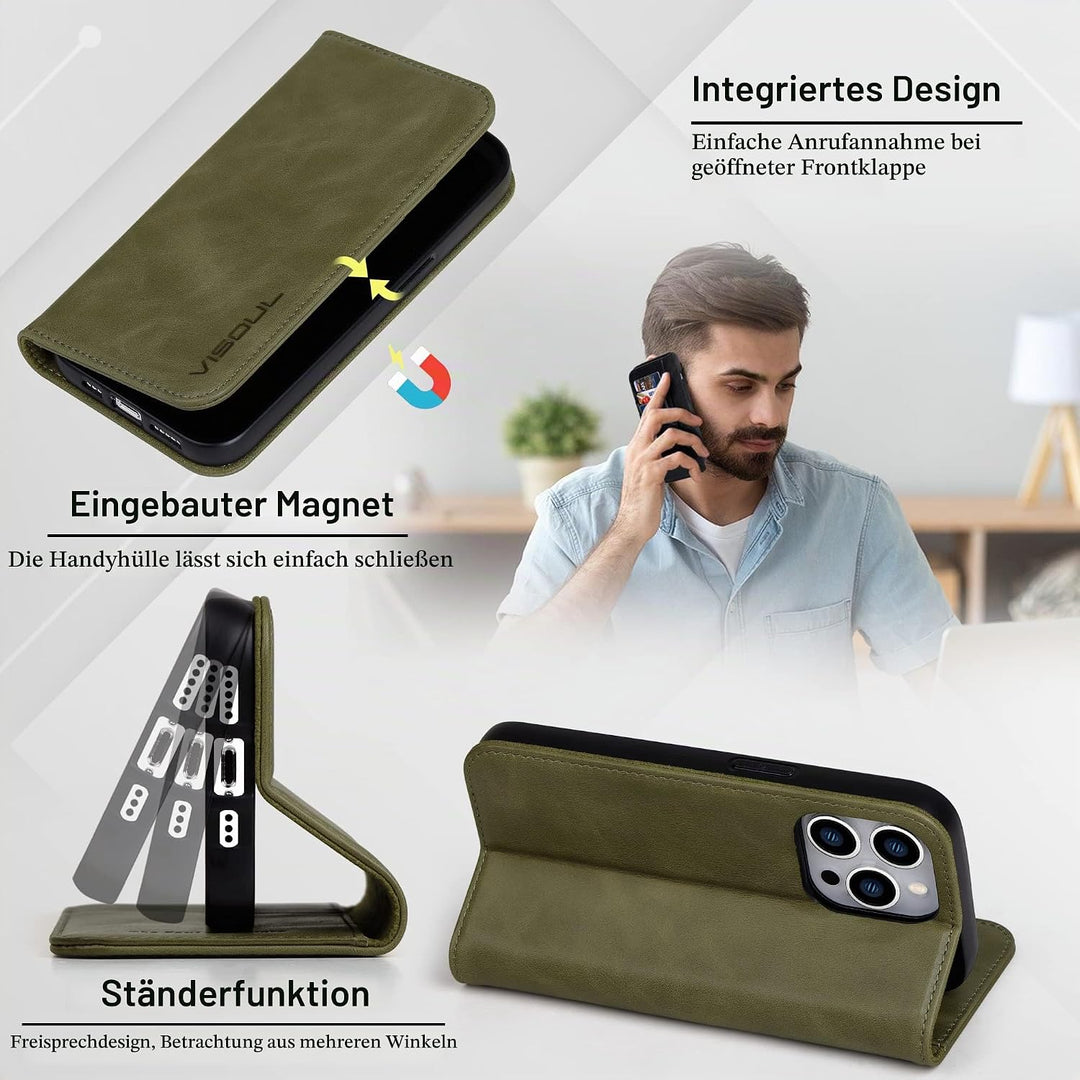 VISOUL Hülle für iPhone 14 Pro Handyhülle [ Echtleder] [Schützt ][3 Kartenfächer] [Magnet] [Standfun