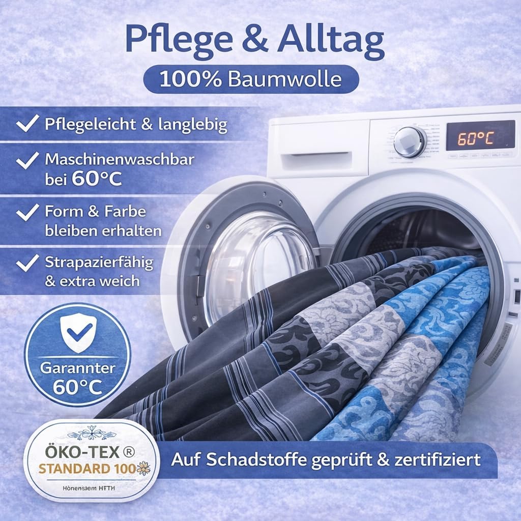 Fein Biber Bettwäsche Garnitur 2tlg. - 155 x 220 cm und 80 x 80 cm - Feinbiber anthrazit/petrol/Blum