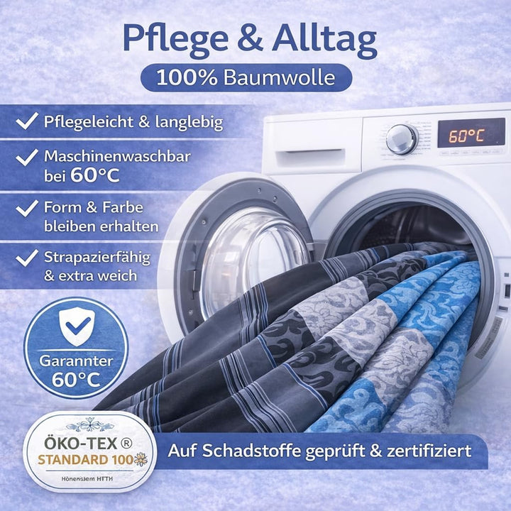 Fein Biber Bettwäsche Garnitur 2tlg. - 155 x 220 cm und 80 x 80 cm - Feinbiber anthrazit/petrol/Blum