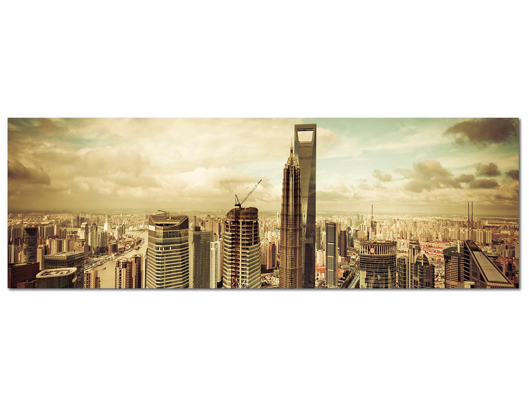 Paul Sinus Art Panoramabild auf Leinwand und Keilrahmen 120x40cm Shanghai Skyline Wolkenhimmel