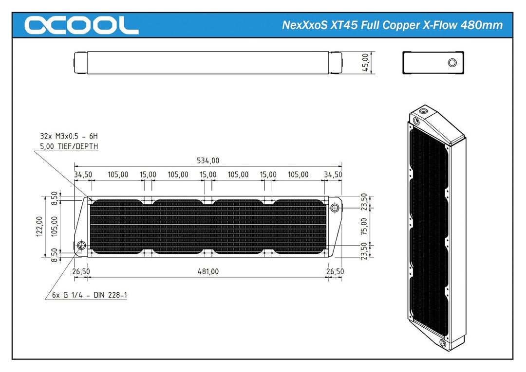 Alphacool 14236 NexXxoS XT45 Full Copper X-Flow 480mm Radiator Wasserkühlung Radiatoren